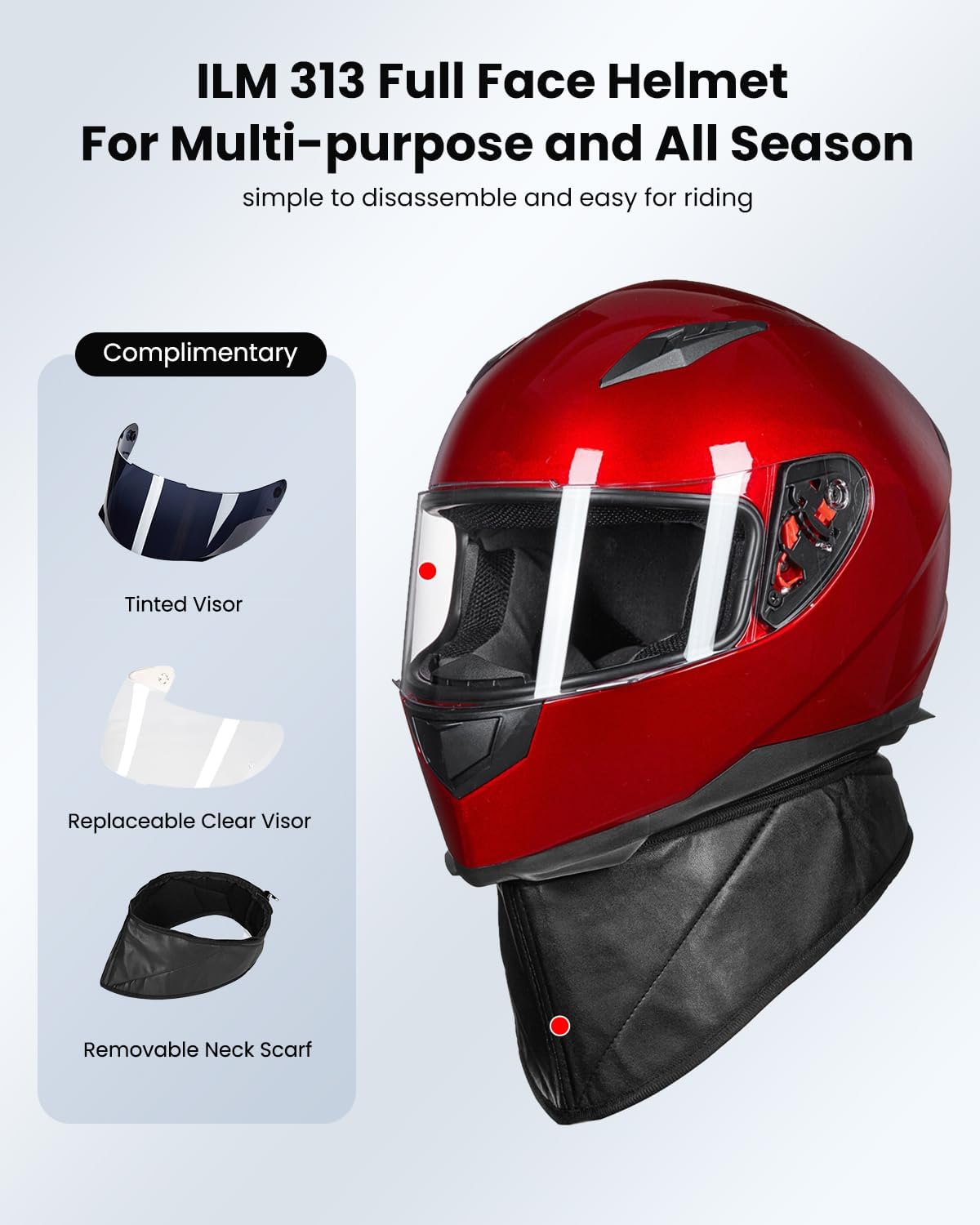 ILM Full Face Motorcycle Street Bike Helmet with Removable Winter Neck Scarf + 2 Visors DOT Model ILM-313
