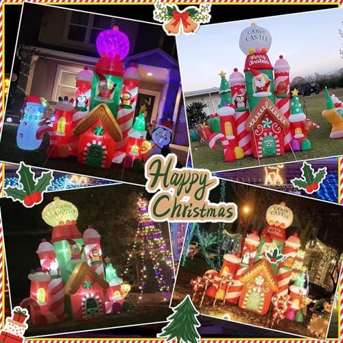 [Flash Light] 10FT Tall Christmas Inflatable Outdoor Decoration Candy Castle with Santa Gingerbread and Penguin