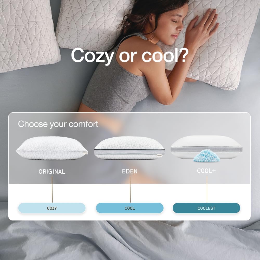Coop Home Goods Eden Bed Pillow Queen Size for Sleeping on Back, Stomach and Side Sleeper- Medium Soft Memory Foam Cooling Gel - CertiPUR-US/GREENGUARD Gold