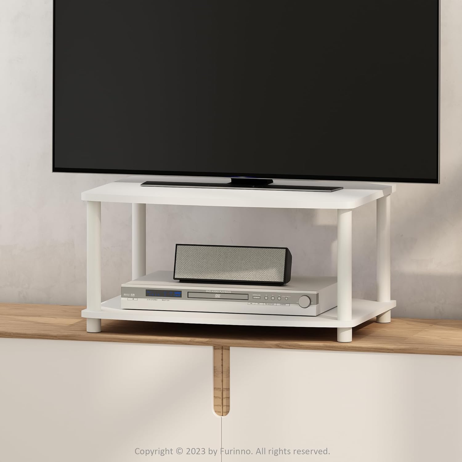 Furinno Turn-N-Tube TV Riser Stand, 2-Tier Small Elevated No Tools TV Stand, TV Console for TV up to 32 inch, 15.8 x 23.8 x 11, for Living Room, Bedroom, French Oak/Black