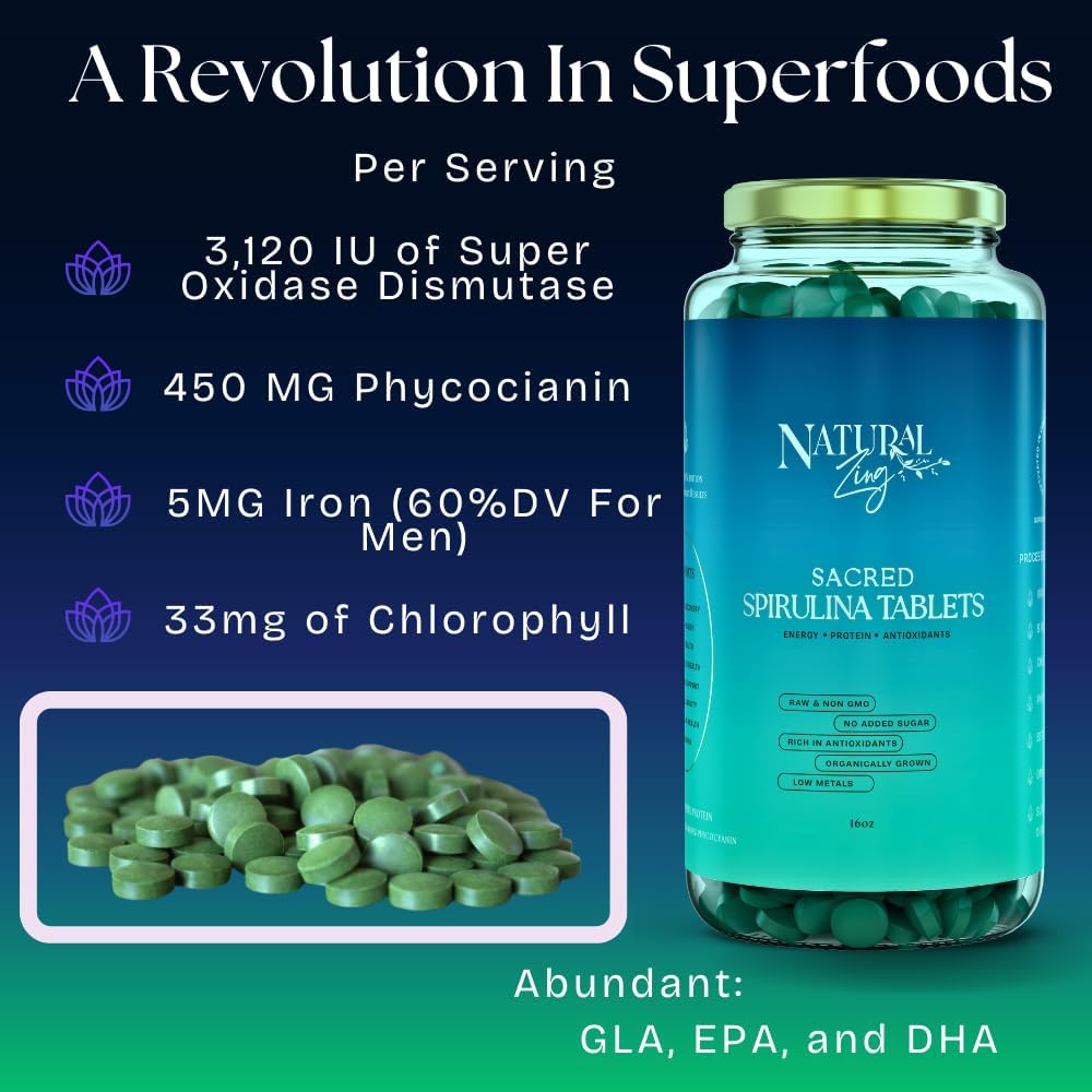 NaturalZing - 100% Pure Organic Spirulina Tablets | Non-GMO | Daily Greens | Vegan Superfood Protein & Antioxidant Support – Rich in Phycocyanin, Beta Carotene & Iron - 2000 Tablets (16 oz Bulk Pack)