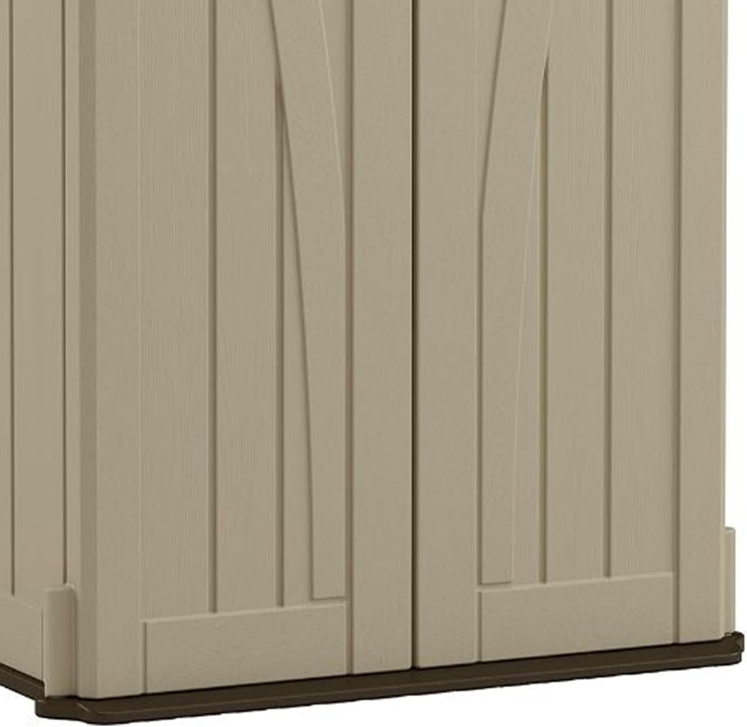 Suncast Vertical Shed, Compact Outdoor Storage System, 22 Cu. Ft. Capacity, Sand & Mustang - Lockable Multi-Wall Resin Organizer for Long-Handle Tools