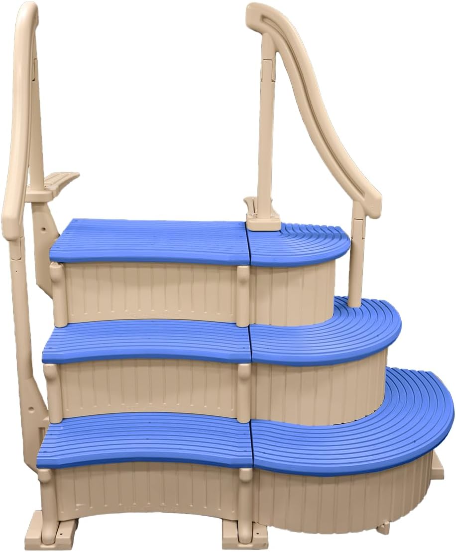 Confer Plastics Curved Drop-in Inground Pool Step 3 Tread Stair Entry System w/ 2 Handrails & Adjustable Mounting Brackets - Base Step, Grey Treads