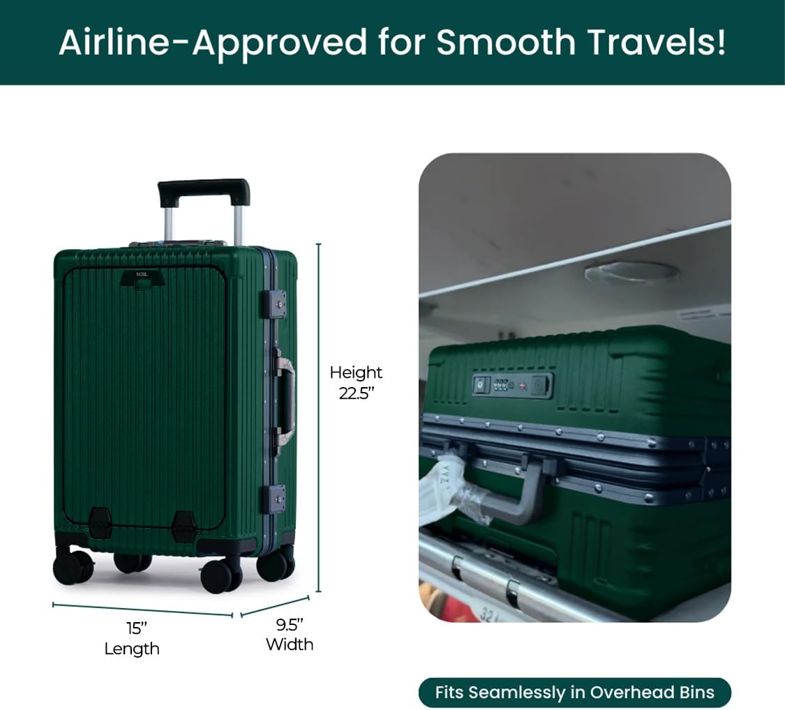 Nobl Travel Carry on Luggage, Zipperless Aluminum Frame, TSA Locks | PC Hard Shell Suitcase, Airline Approved, 360° Spinner Wheels, USB Charging Port, Cup & Phone Holder, 22.5x15x9.5, Ivory