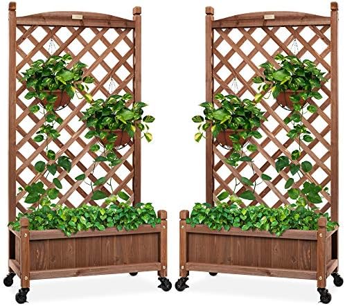 Best Choice Products Set of 2 48in Wood Planter Box & Diamond Lattice Trellis, Mobile Outdoor Raised Garden Bed for Climbing Plants w/Drainage Holes