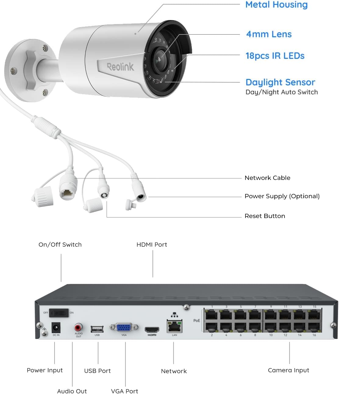 REOLINK 16CH 5MP Home Security Camera System with 4TB HDD RLK16-410B8-5MP | 8pcs 5MP Wired Outdoor PoE IP Cameras with Smart Detection