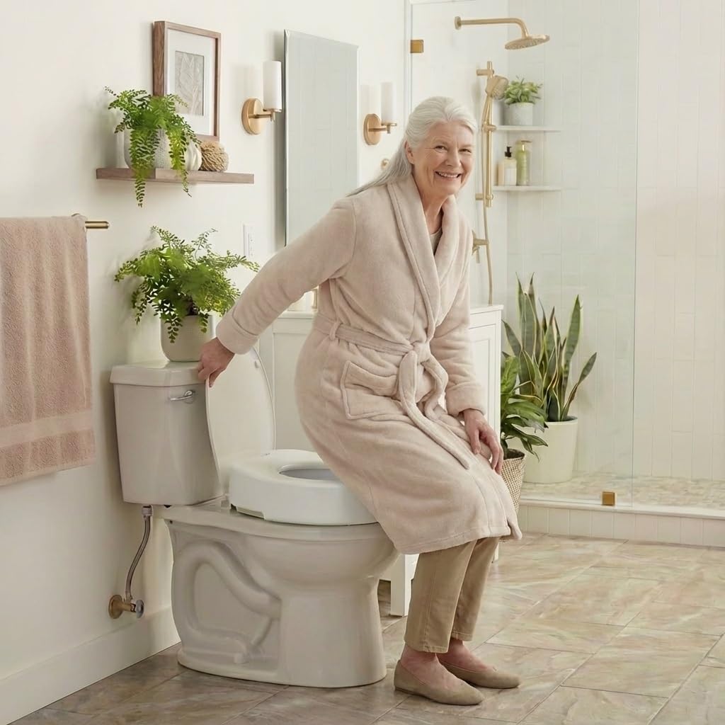 NOVA Toilet Seat Riser with Arms – Adds 5” Height, Raised Toilet Seat with ON/Off Front Lock, Adjustable & Removable Padded Arms (17.75”–20”), 300 lb Capacity, Safety Aid for Seniors