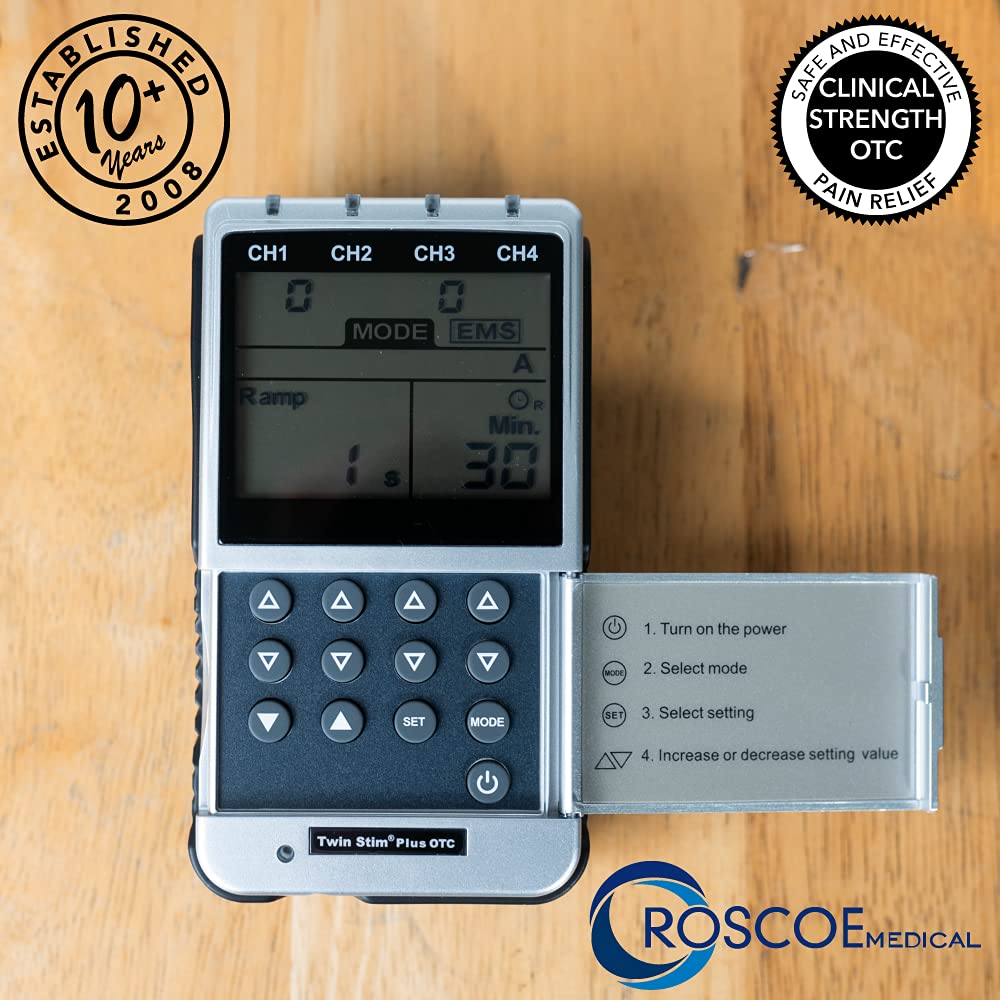 Roscoe Medical TENS Unit and EMS Muscle Stimulator – 16 Electrodes Included, 4-Channel OTC TENS Machine for Back Pain Relief, Lower Back Pain Relief