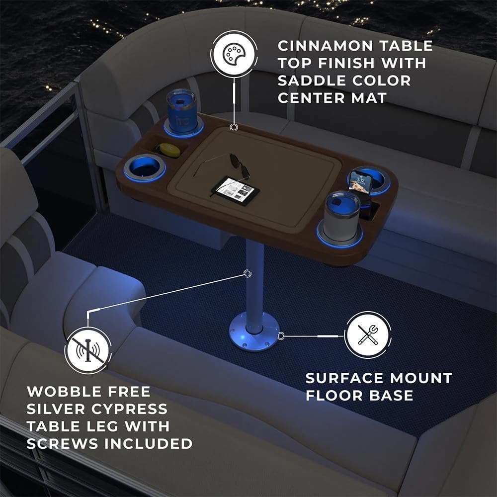 Manufacturers' Select Battery Op Lit Marine Boat Table Leg Set. Large Top with Blue LED Drink Holder. Pontoon Accessories