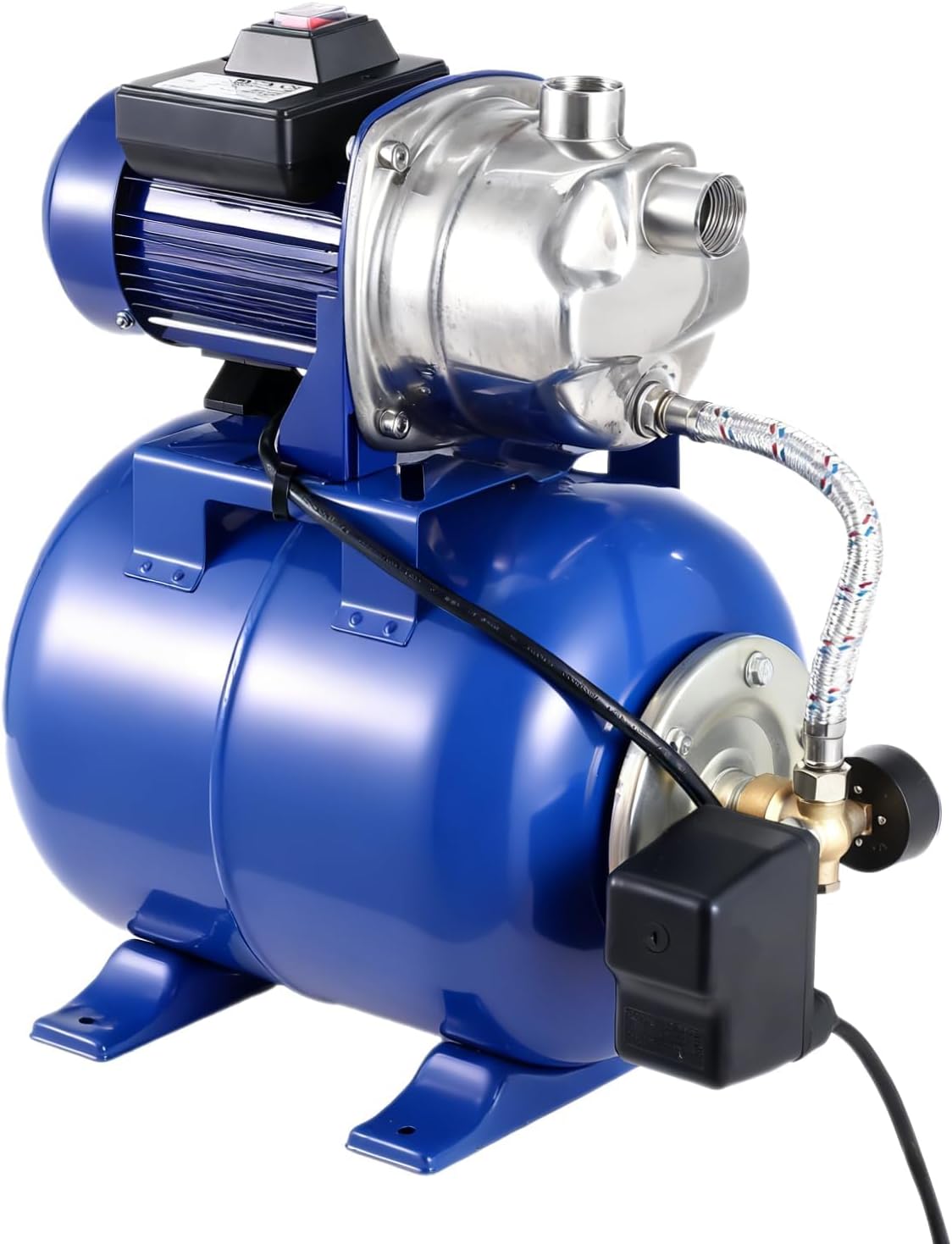 1HP Stainless Steel Water Transfer Pump with Well Pressure Tank – Shallow Well Pump & Irrigation Pump Combo, 130ft Max Lift, 20ft Suction Lift, Automatic Pressure Switch for Farm Use