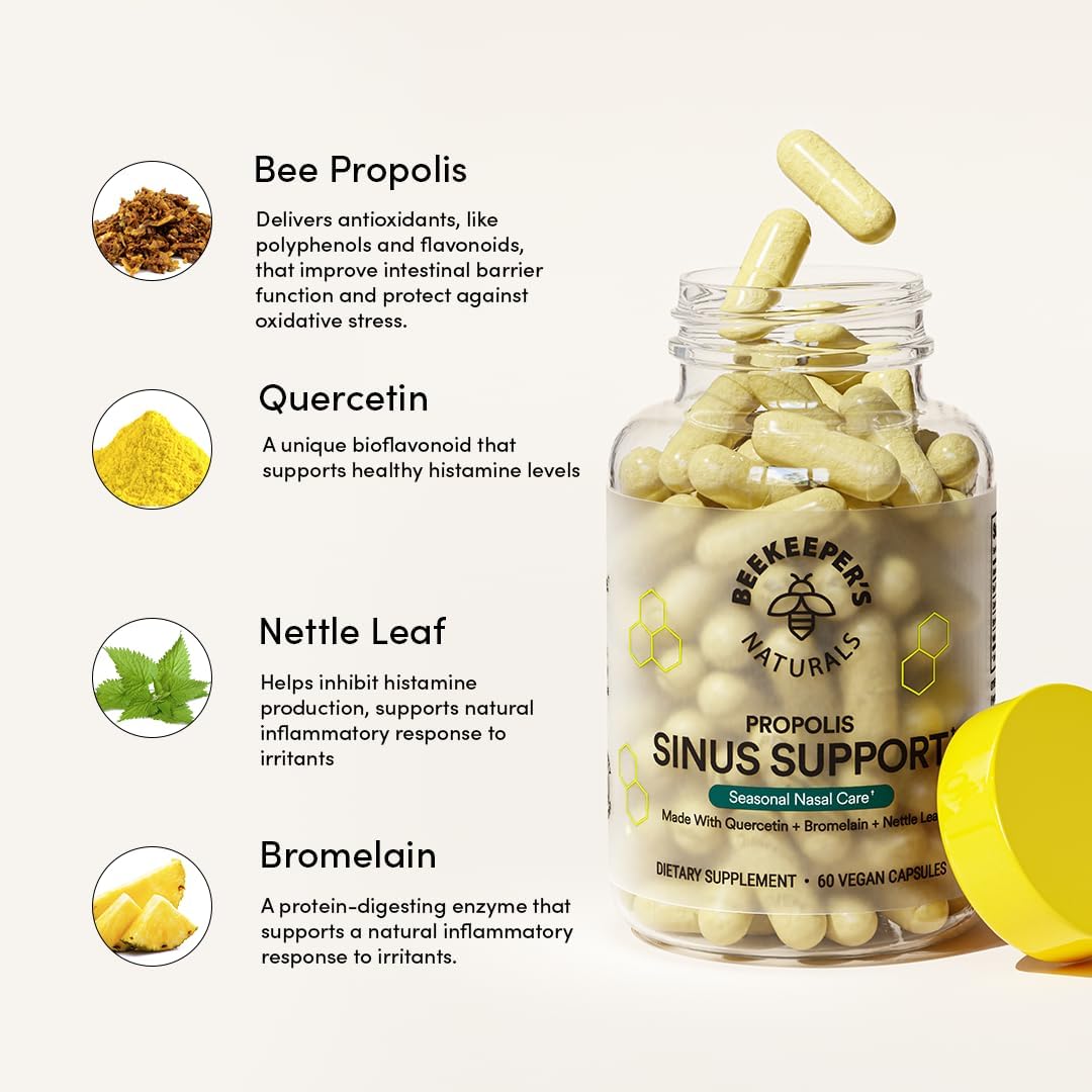 Beekeeper's Naturals Sinus Support for Adults, Quercetin & Bromelain, 60 ct | All Natural, Seasonal Nasal Care Relief, Propolis, Quercetin, Bromelain