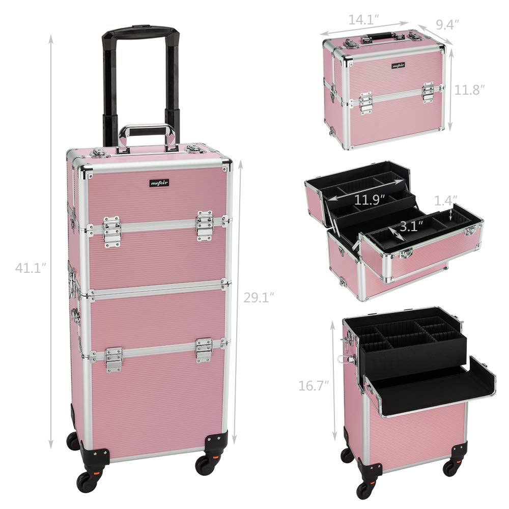 mefeir 2 in 1 Rolling Makeup Train Case Professional Cosmetic trolley on Wheels Aluminum Nail Cart Cosmetic Suitcase for professional makeup artist, Luggage Lockable w/4 Removable Wheels (Black)