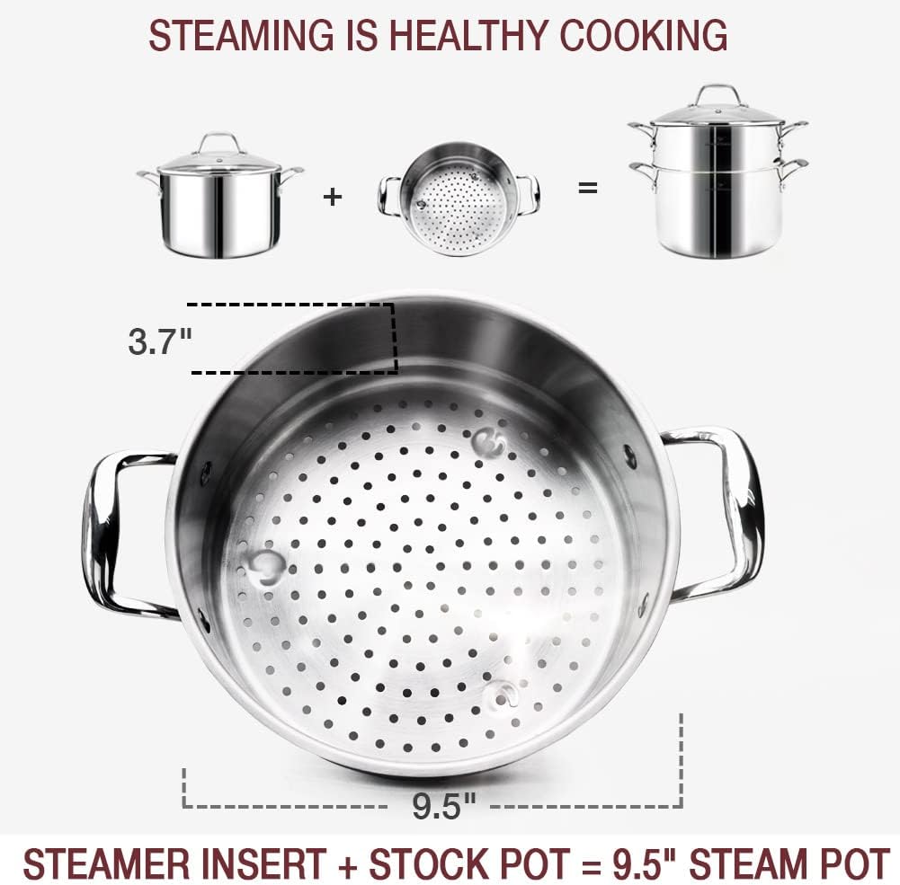 HOMICHEF 14-Piece Nickel Free Stainless Steel Cookware Set Whole-Clad 3-Ply - Mirror Polished Pots And Pans Set - Healthy Cookware Set With Steamer