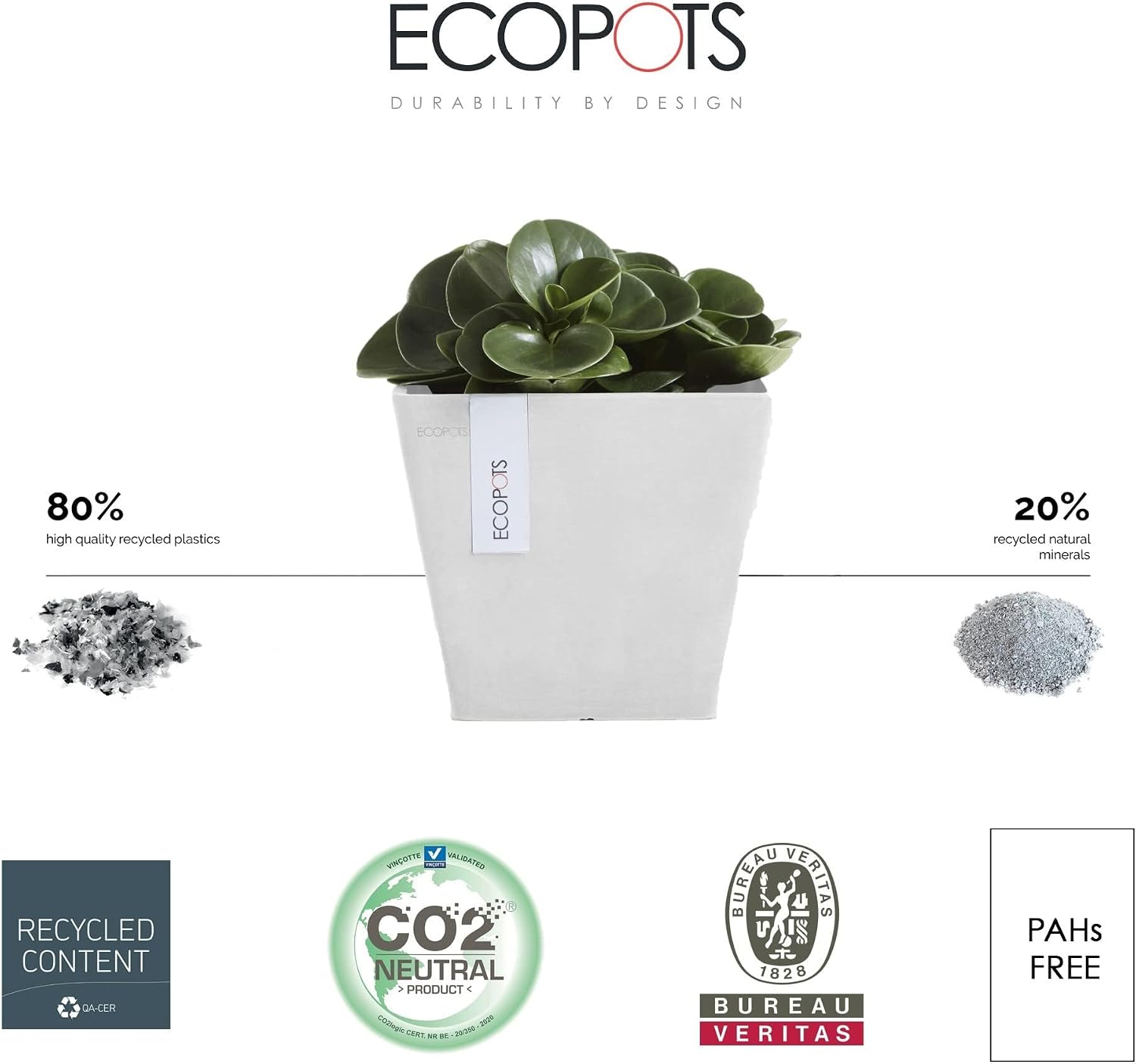 Ecopots Rotterdam Square Flower Planter, White Grey, 8" | Modern Style, Durable Recycled-Based Composite Construction, Weather and UV-Resistant, for Indoor/Outdoor Use