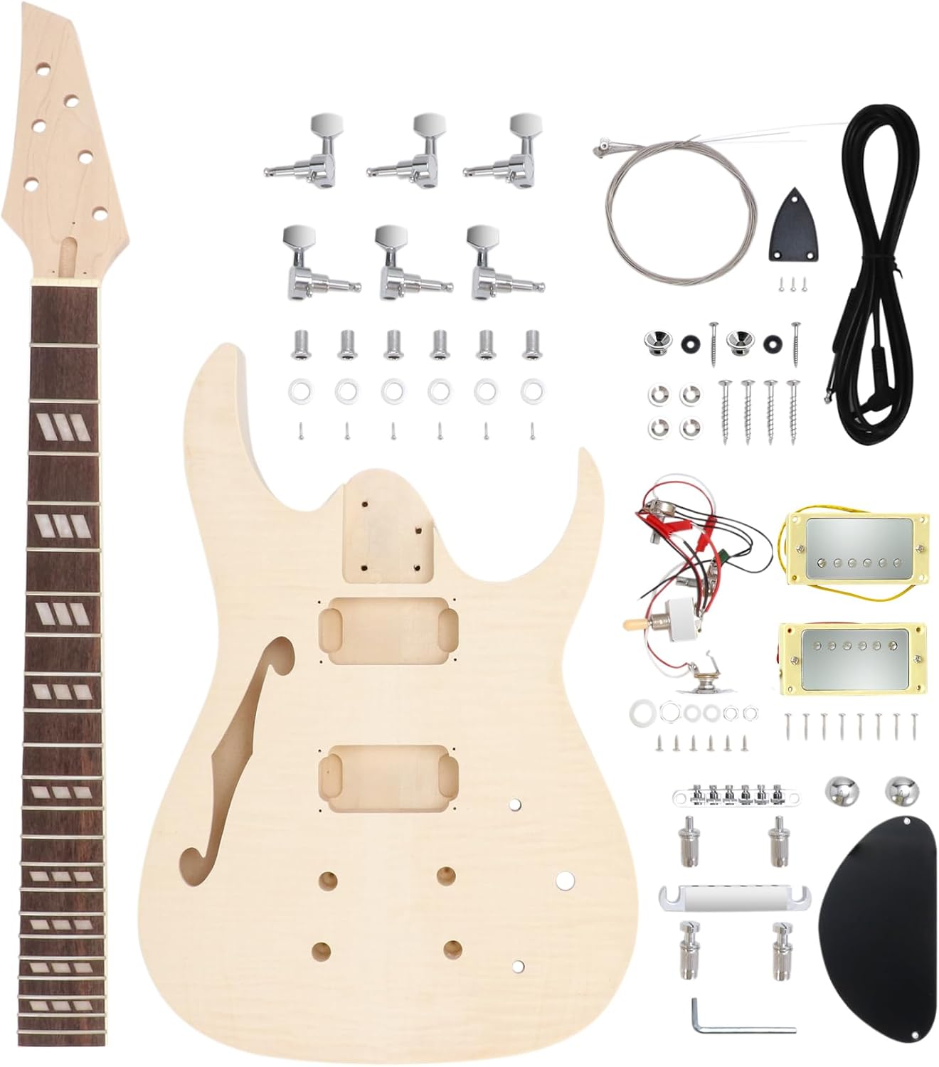 DIY Electric Guitar Kit Beginner Kit with Flamed Maple Veneer Top | 6 String, Right Handed, Basswood Body, Hard Maple Neck, Rosewood Fretboard