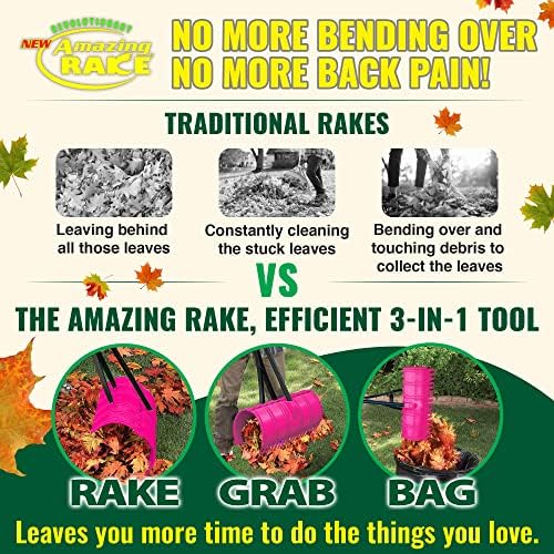 Back Saving Garden Rake ― Leaf Rakes for Gardening ― Leaf Picker Upper ― Heavy Duty Leaves Claw & Rakes Lawns Garden Tool ― Easy Leaf & Grass Grabber Without Bending Over ― Yellow