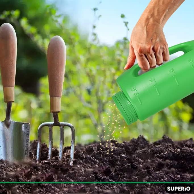 Superio Lawn Seed Spreader, Handheld Shaker for Lawn Seeds, Ice Melt Salt, Calcium, Deicer, Weed and Feed Spreader, 2 Liter, Adjustable Hole Size