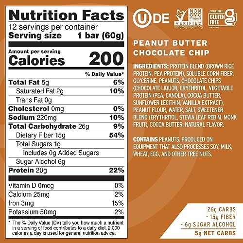 No Cow Peanut Butter Chocolate Chip Vegan Protein Bars, 12 Pack | 20g High Plant-Based Protein, High Fiber, Low Sugar, Gluten-Free, Dairy-Free, Soy-Free, Keto-Friendly Snack Bars