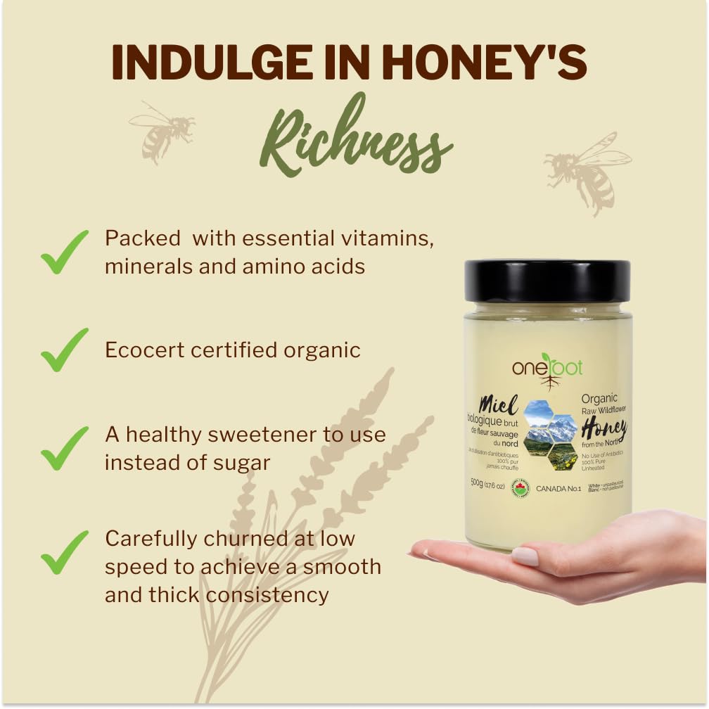 Oneroot 100% Organic Canadian Wildflower Honey - 17.6 Oz/1.1 Lbs, Unheated & Creamed - Nutrient-Rich
