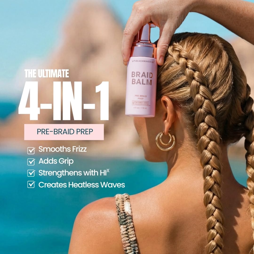The Beachwaver Co. Braid Balm Pre-Braid Prep - Full Size (4 Fl Oz) | Frizz-Taming Primer Foam | Strengthen and Reduce Flyaways w/HiX Vegan Bond