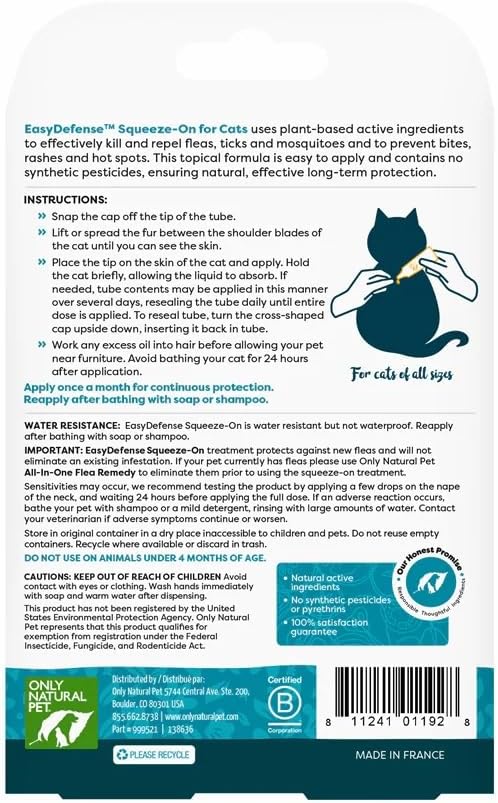 Only Natural Pet Flea and Tick Prevention for Cats - EasyDefense Flea Remedy - Natural Flea Care Control Squeeze-On Drops - Three Months Supply (1-Pack)