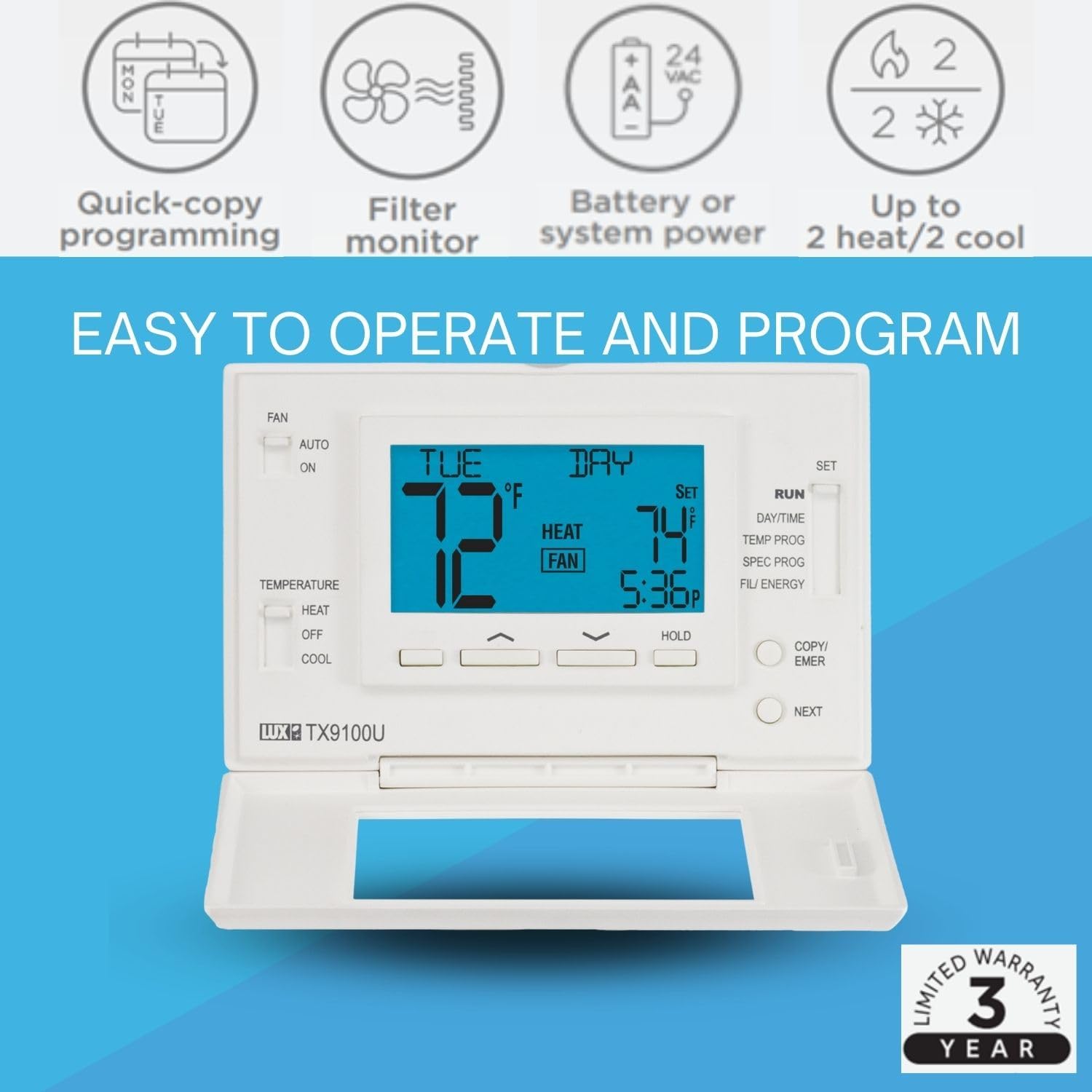 P521U Programmable 5-2 Day Thermostat for Home Use; 2 Heat, 1 Cool