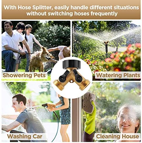 IPOW Brass Heavy Duty 2 Way Y Valve Garden Hose Splitter Adapter High Flow Spigot Splitter + 6 Rubber Hose Washers with Comfort Grip Use