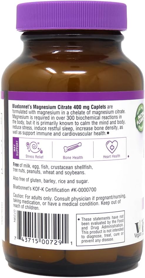 Bluebonnet Nutrition Magnesium Citrate, 400mg of Magnesium, Maximum Absorption, Supports Immune Health & Energy Production*, Soyfree, Gluten-Free, Non-GMO, Kosher, Dairy Free, Vegan, 120 Caplets | Supports Immune Health & Energy Production; Non-GMO, Vega…