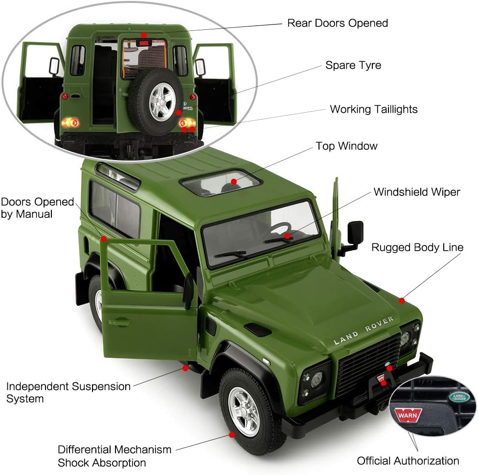 RASTAR Land Rover Defender RC Car, 1/14 Land Rover Remote Control Toy Model Car, Doors Opened by Manual– Green