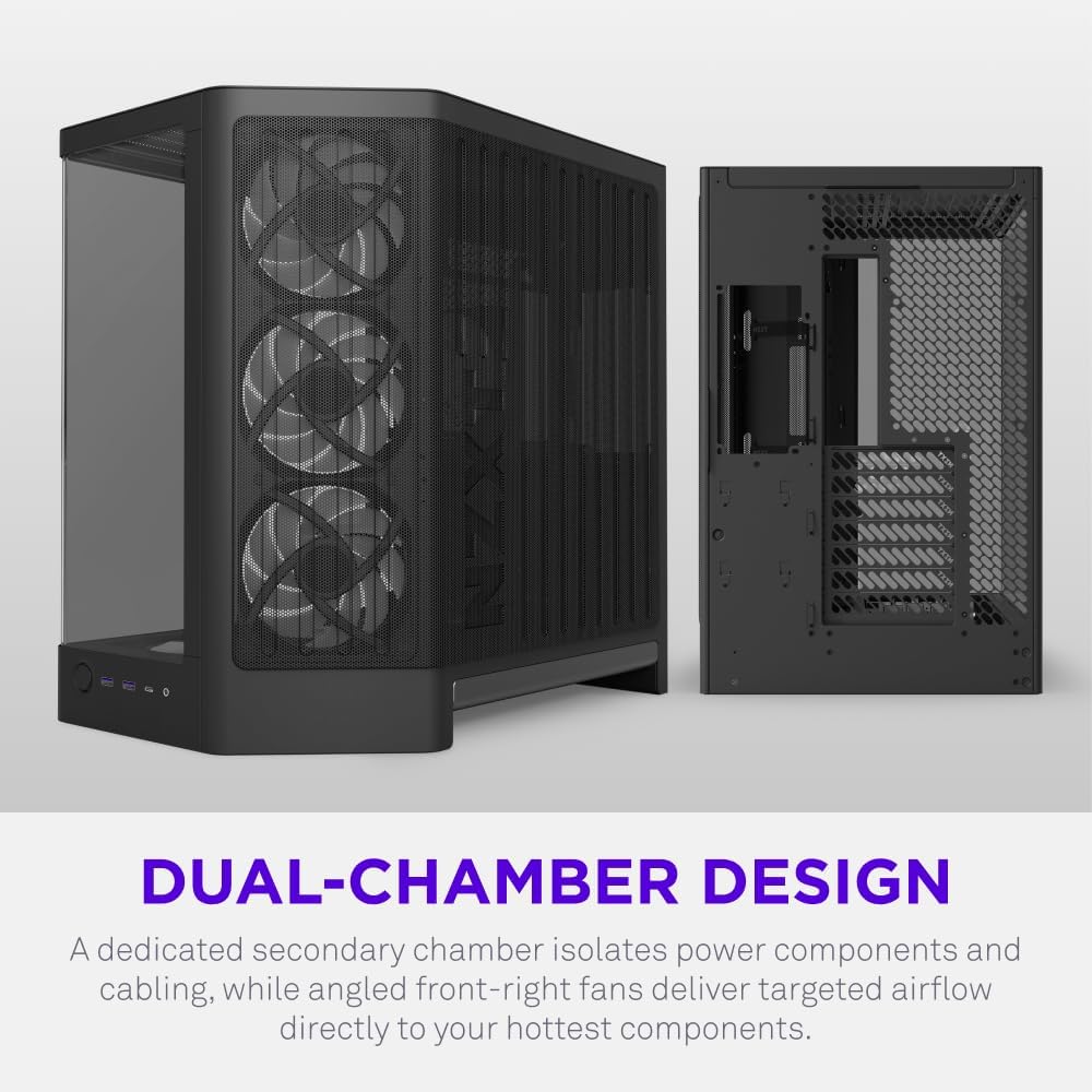 NZXT H6 - Compact Dual-Chamber ATX PC Case - White | Dual-chamber ATX case supporting up to 10 120mm fans and 360mm radiators, with back-connect motherboard compatibility.