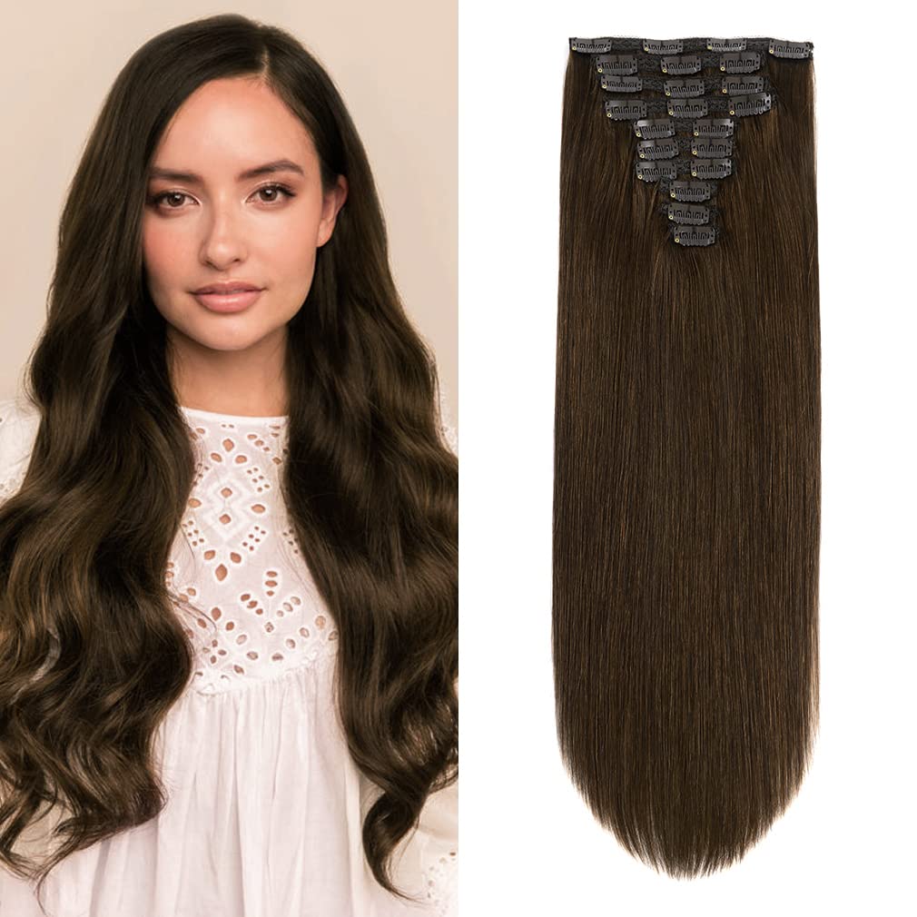 22" Clip in Human Hair Extensions Full Head 200g 10 Pieces 22 Clips Light Brown Double Weft Brazilian Real Remy Hair Extensions Thick Straight (22"