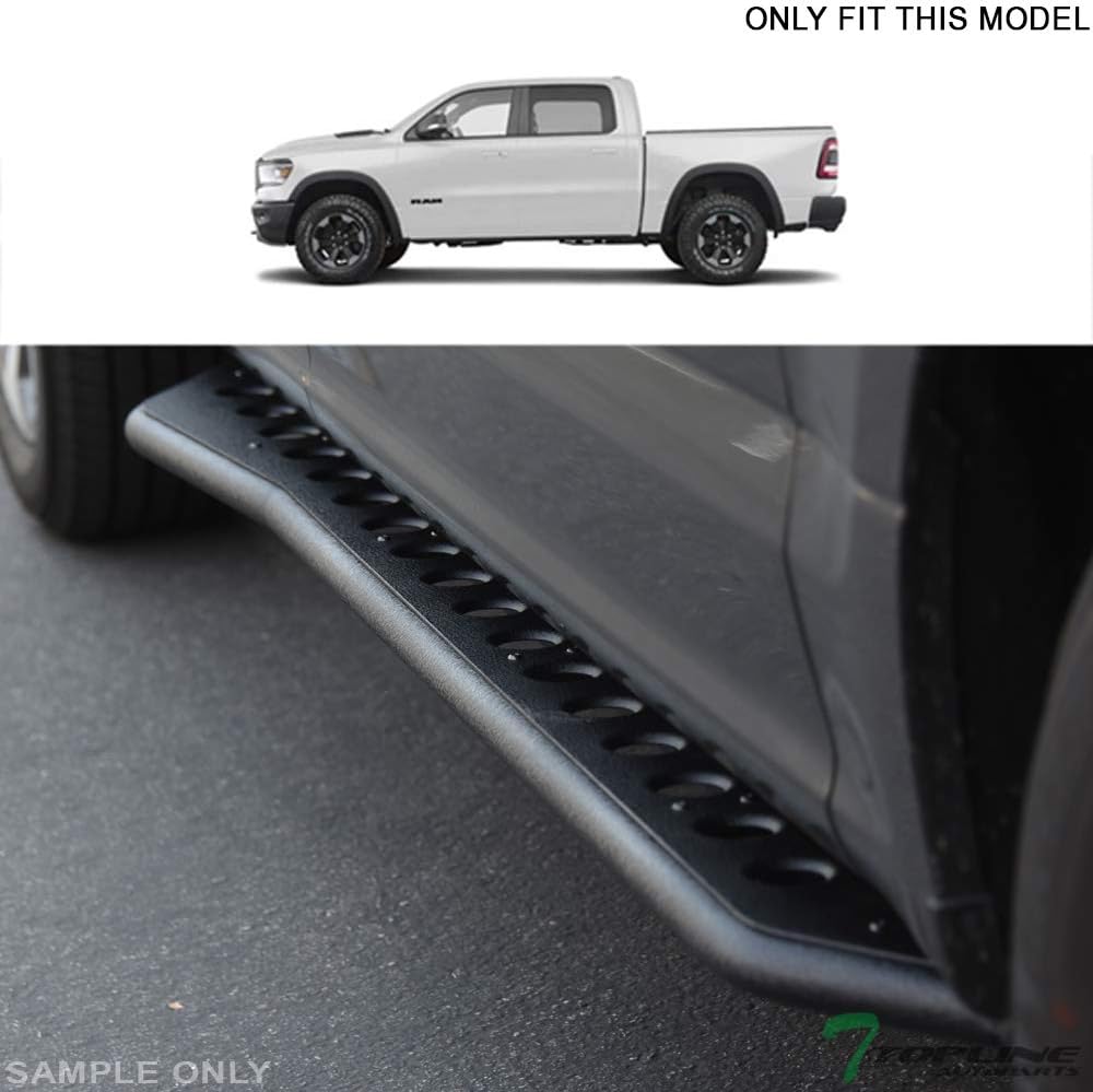 7422444121142 Compatible with 2019-2026 Dodge Ram 1500 New Body Crew Cab Textured Black Round Pattern Rock Slider Rocker Style Side Step Rail Nerf