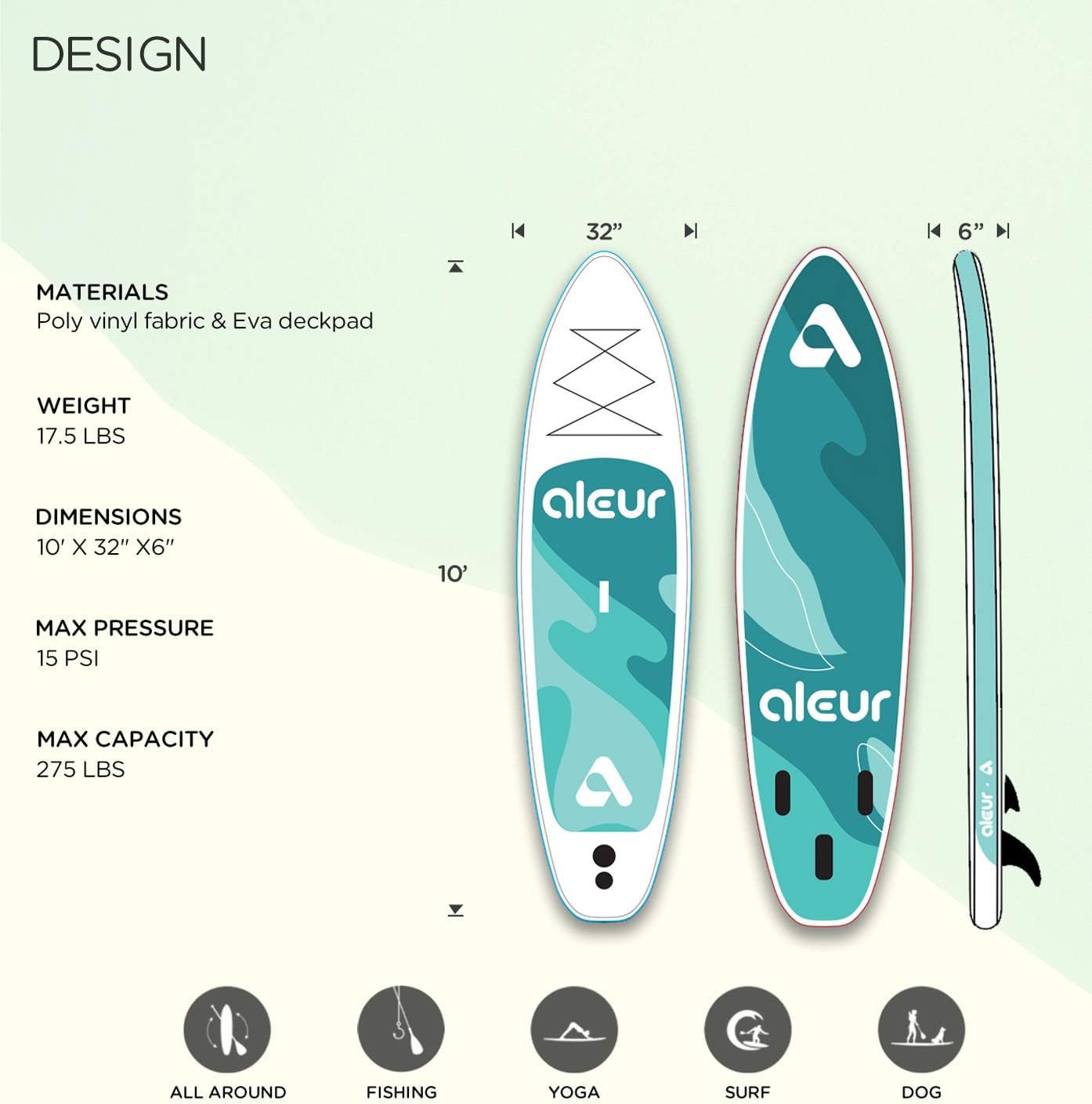 aleur Explorer Inflatable Stand Up Paddle Board Package W Premium SUP Accessories & Backpack, Non-Slip Deck, Leash, Paddle and Hand Pump | Elegant