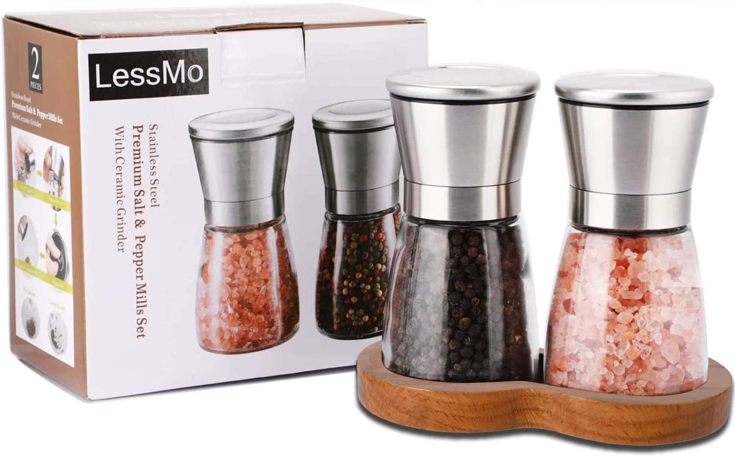 LessMo Salt and Pepper Grinder Set with Wooden Standing Tray