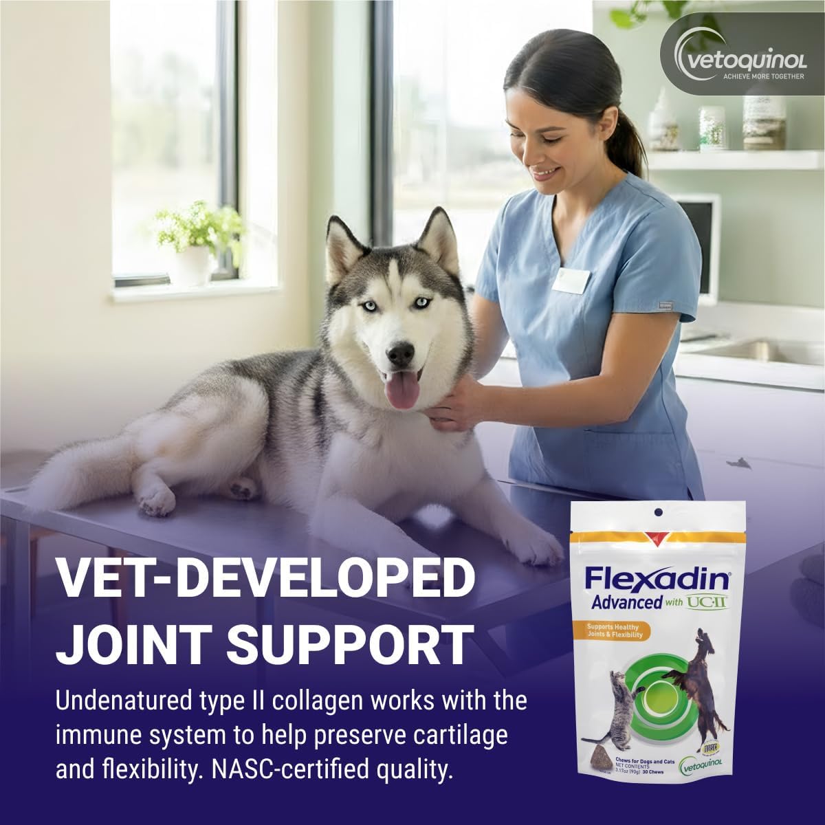 Vetoquinol Flexadin Advanced Hip and Joint Supplement with Undenatured Collagen for Dogs, One Chew a Day Hip and Joint Support Chew for Dogs and Cats, Clinically Proven Vet-Approved Formula, 60 Chews