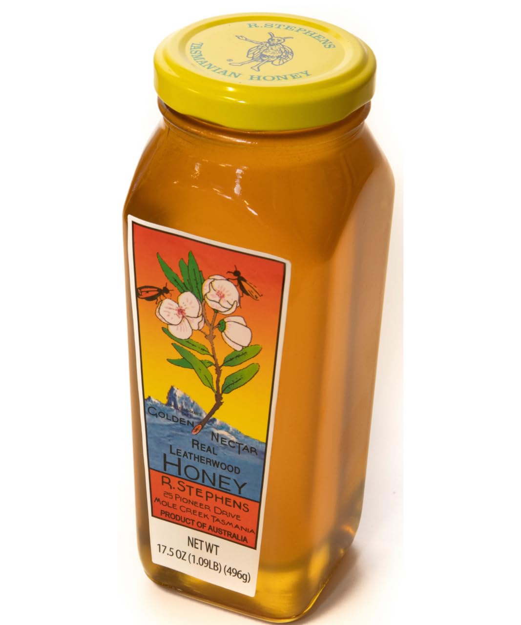Golden Nectar Organic Leatherwood Honey by R. Stephens – 500g Jar – Product of Tasmania, Australia
