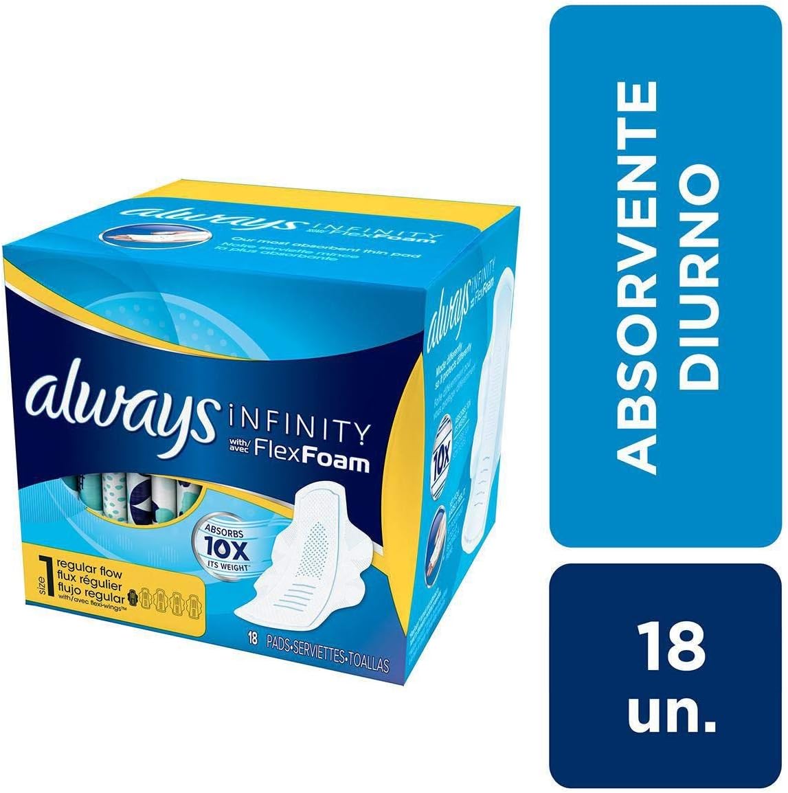 Always Infinity Feminine Pads for Women, Flexfoam Pads with Wings, Size 1, Regular Absorbency, Unscented, 108 Count (3 Packs of 36)