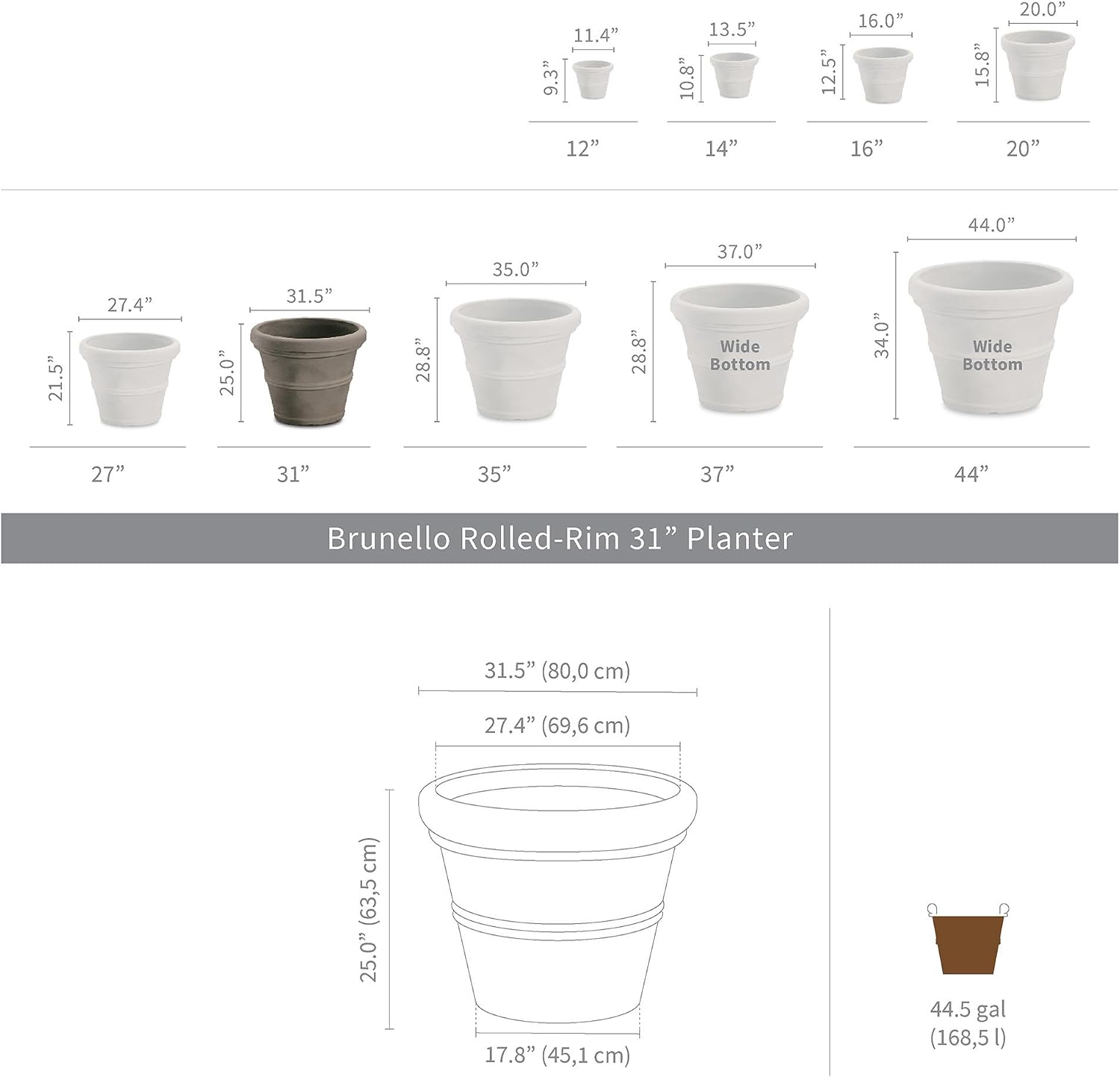 Crescent Garden Brunello Classic Gray Rolled Rim Planter Pot, Lightweight Indoor/Outdoor Weather-Safe Round Plant Pot, 27''W (Weathered Concrete)