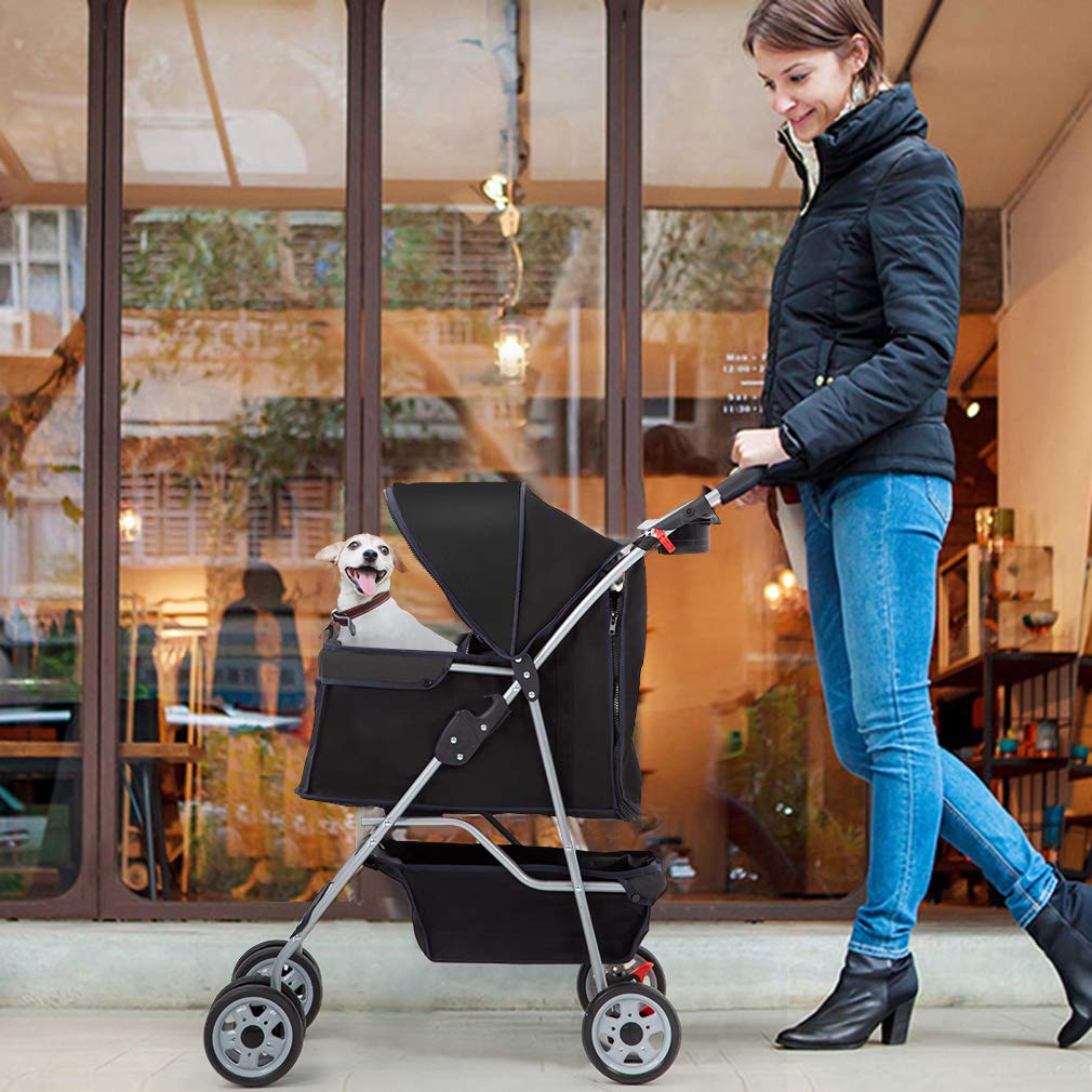 BestPet | 4-Wheel Foldable Pet Stroller | Black | Lightweight & Portable | Travel Carrier with Mesh Windows, Storage Basket, Cup Holder, Safety Brakes, and Waterproof Fabric | For Small Dogs and Cats
