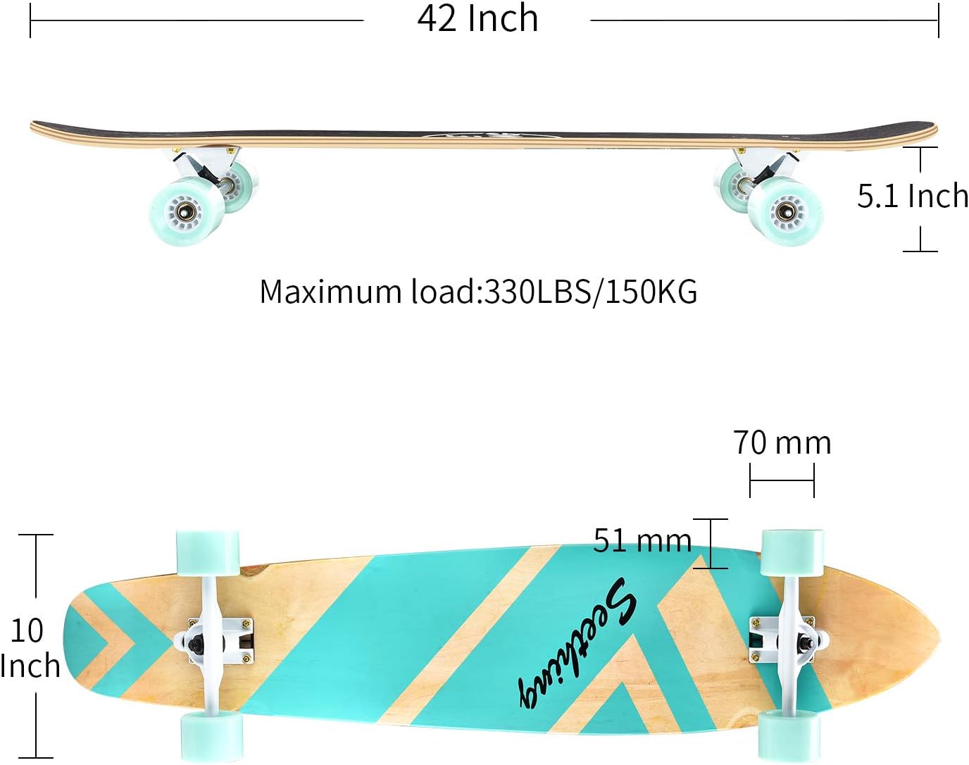 seething 42 Inch Longboard Skateboard Complete Cruiser Pintail, The Original Artisan Maple Skateboard Cruiser Pintail for Cruising, Carving