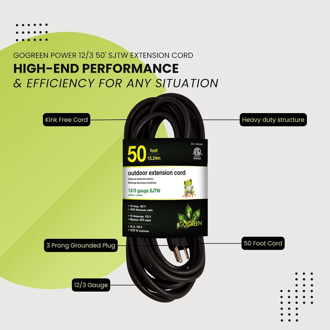 Go Green Power Inc. (GG-14025) 12/3 SJTW Outdoor Extension Cord, Lighted End, 25 ft