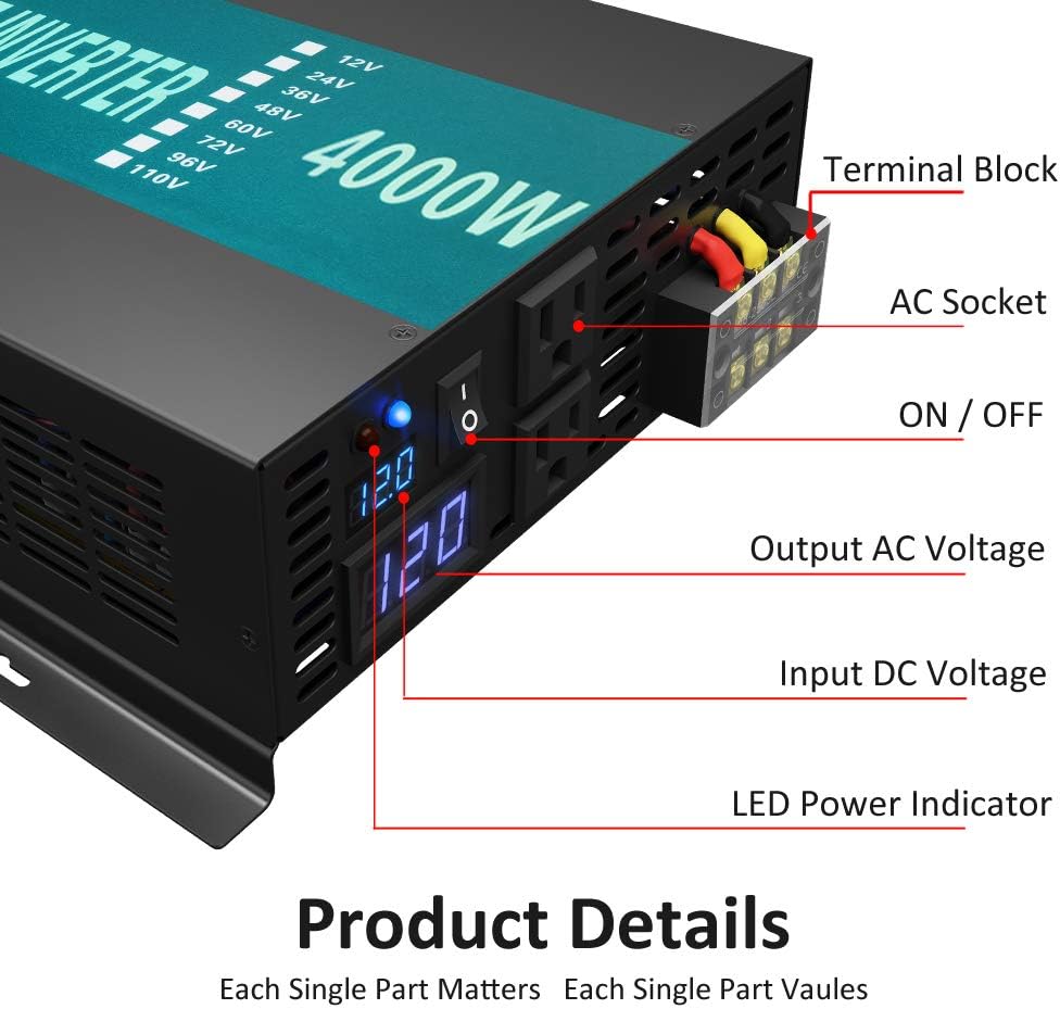 WZRELB 4000W 12V Dc to 120V AC Pure Sine Wave Solar Power Inverter