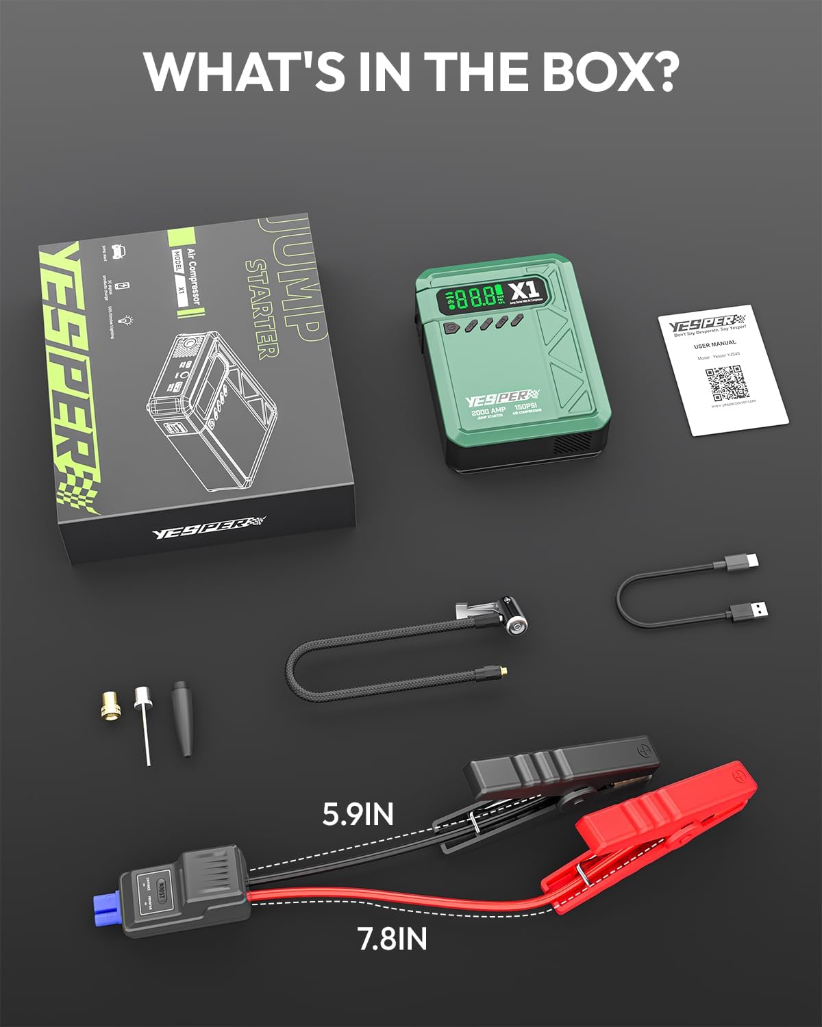 YESPER Jump Starter with Air Compressor 2000A 150PSI Battery Jumper Starter Portable(8L Gas/6L Diesel), 12V Car Jump Pack Battery Charger Jump Box with Jumper Cables, LCD Display, Lights | 2000A Battery Jumper Starter Portable(8L Gas/6L Diesel), Car Batt…