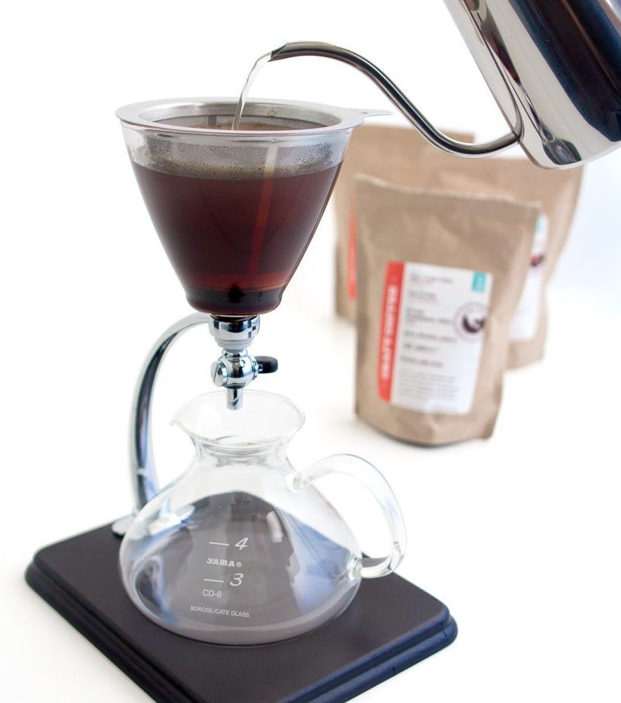 Yama Glass Silverton 16oz Coffee & Tea Brewer - Heat-Resistant Borosilicate Glass with Black Wood Base and Stainless Steel Filter