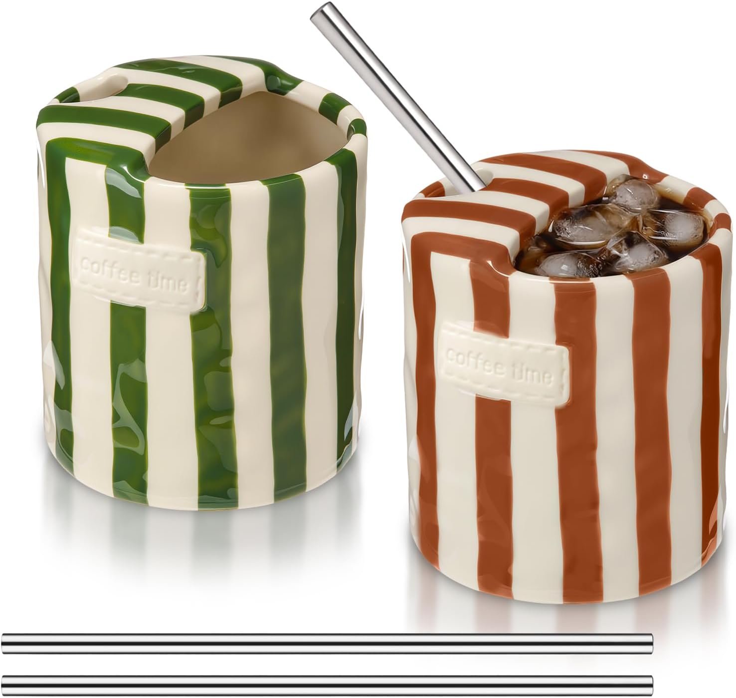 2 Pack Ceramic Coffee Mug with Sip Hole Espresso Cup 10oz with Straws Retro Hand Painted Striped Ceramic Iced Coffee Tea Travel Mug Latte Cup for