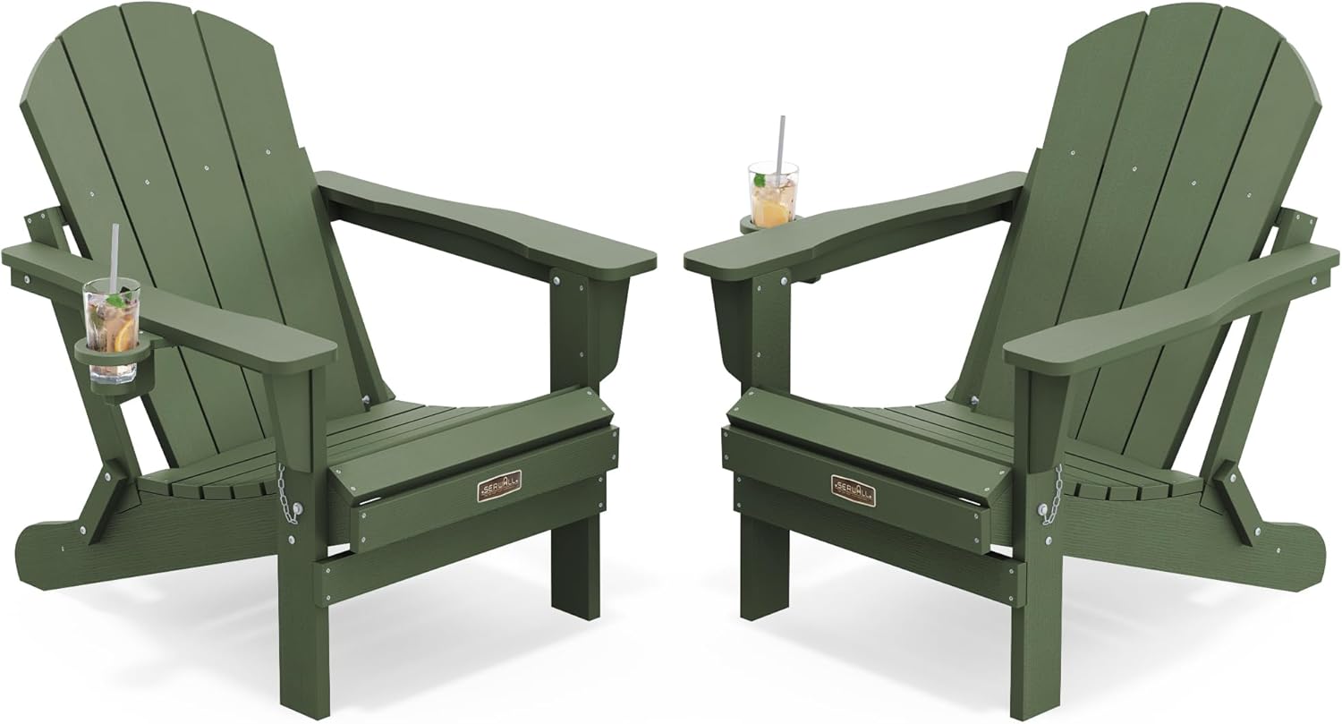 SERWALL Folding Adirondack Chairs with Cup Holder, Outdoor Fire Pit - Blue