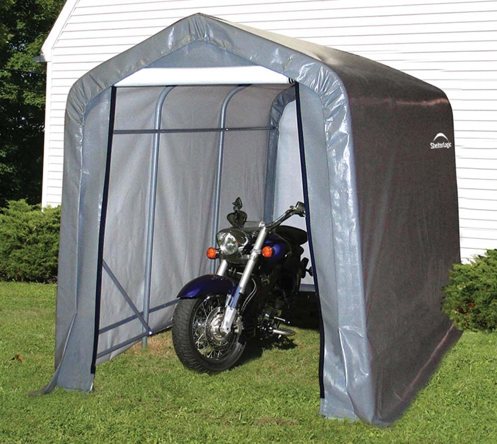 ShelterLogic 10' x 10' Shed-in-a-Box All Season Steel Metal Round Roof Outdoor Storage Shed with Waterproof Cover and Heavy Duty Reusable Auger Anchors, grey