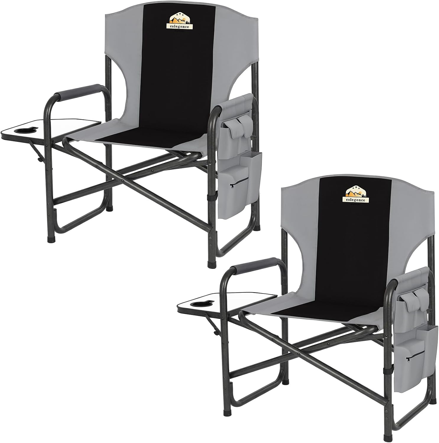 Colegence Oversized Directors Camping Chair for Adults, 600 lb, Black | Heavy duty folding outdoor chair with 28" wide seat, supportive back, side table, cup holder and detachable storage pocket