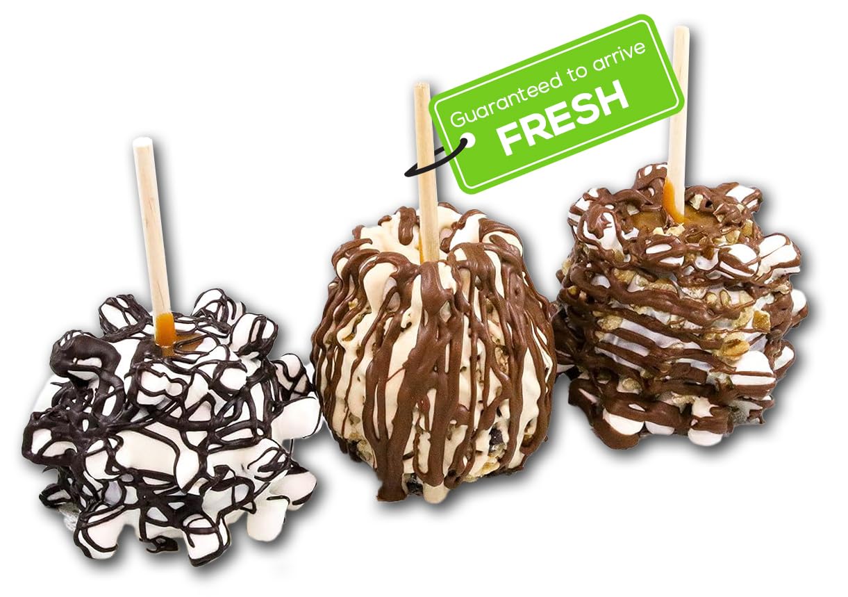 US Sweets Caramel Apple 3 Pack - Caramel Granny Smith Apples Drizzled in Dark or Milk Chocolate with Marshmallows & Nuts | Delicious Gift | Handmade