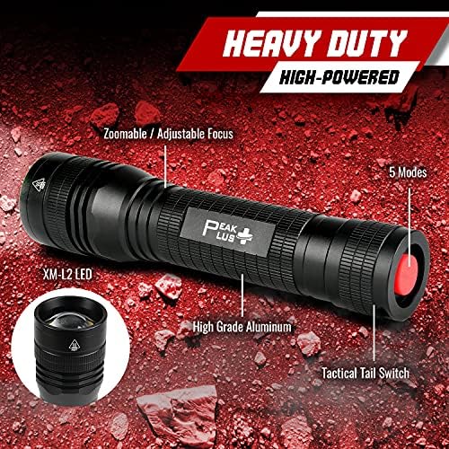 PeakPlus High Powered LED Flashlight LFX2000, Brightest High Lumen Light with 5 Modes, Zoomable and Water Resistant, Best Flashlights for Camping